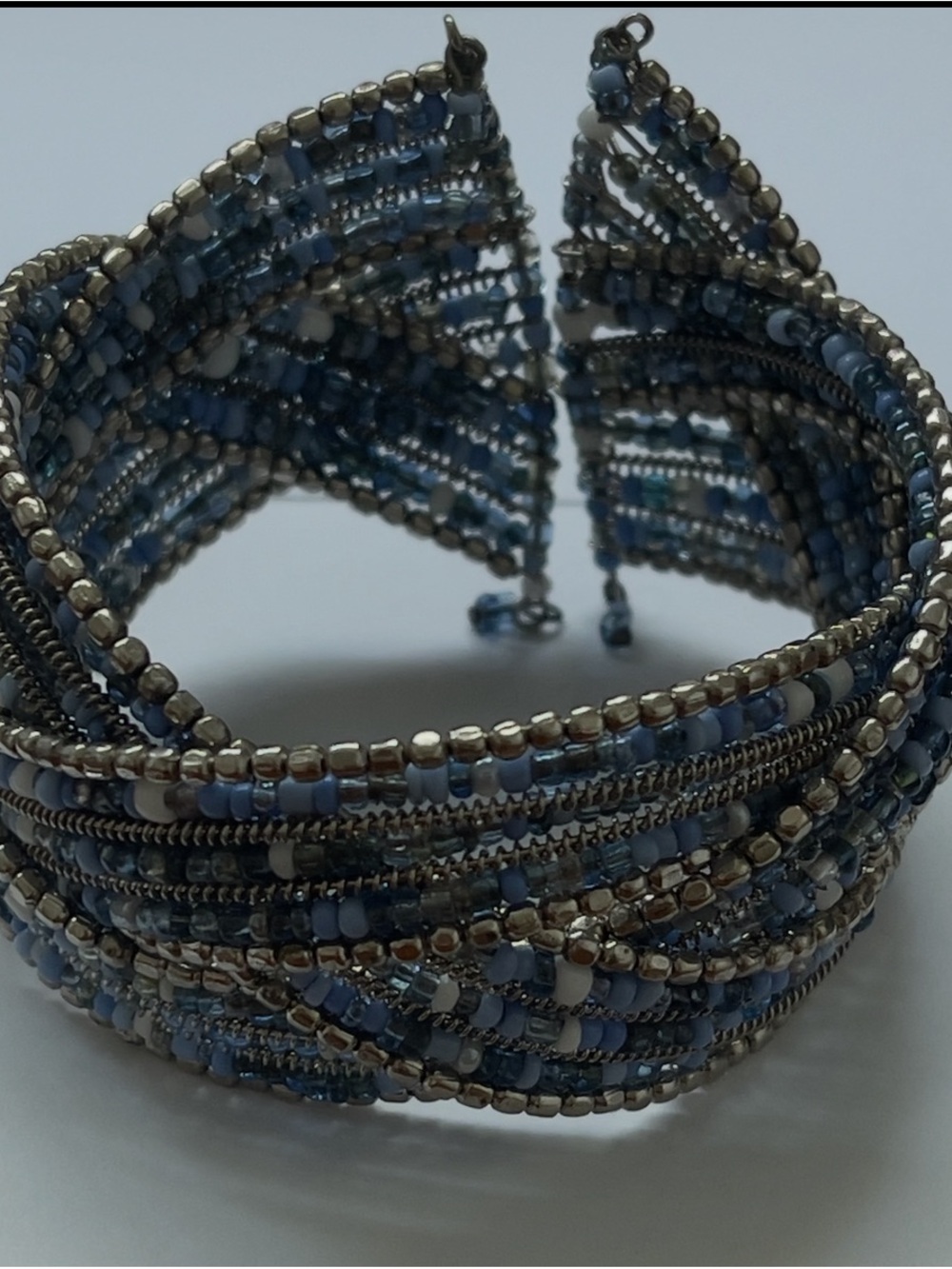 Woven Seed Bead Cuff Bracelet Slate Blue Bronze Silver Stacked Wide